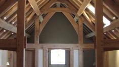 Inside an oak framed barn conversion with a warm roof.
