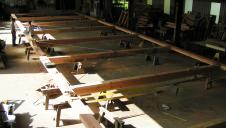 A Douglas fir frame, laid out in the carpentry yard.