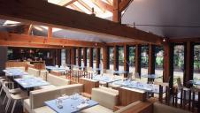 The inside of a restaurant with a structural Douglas fir feature frame.