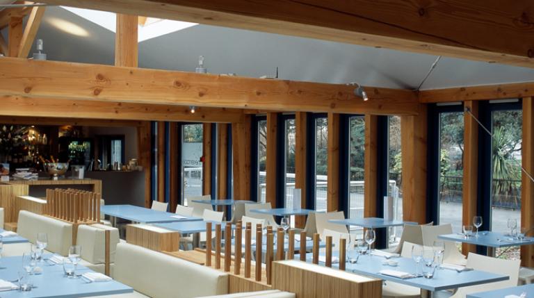 Douglas fir beams over the dining room at The Terrace Restaurant.