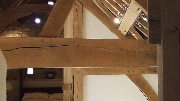 Inside an oak framed barn conversion.