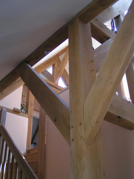 Traditional pegged joints in an oak framed house.