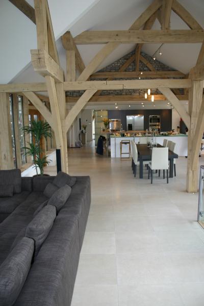 Open plan space with sandblasted oak frame.