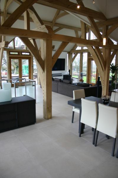 An open plan space with a sandblasted oak frame.