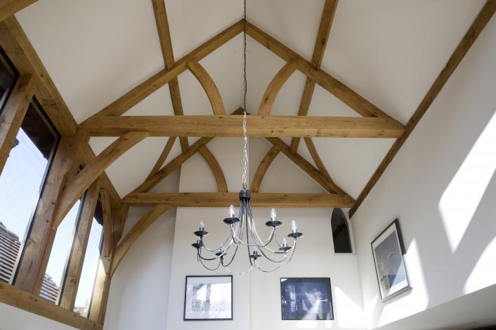 Oak trusses in a double height extension.
