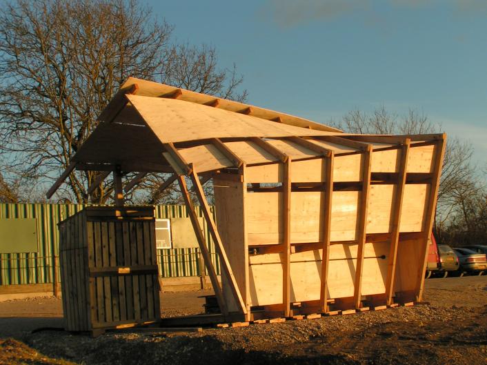 An asymmetrical timber structure.