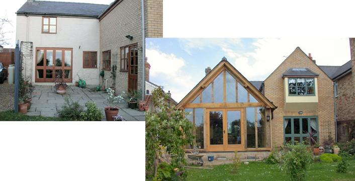 Before and after pictures of  an oak framed extension before and after