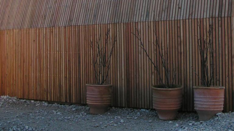 Larch cladding with plant pots in front.